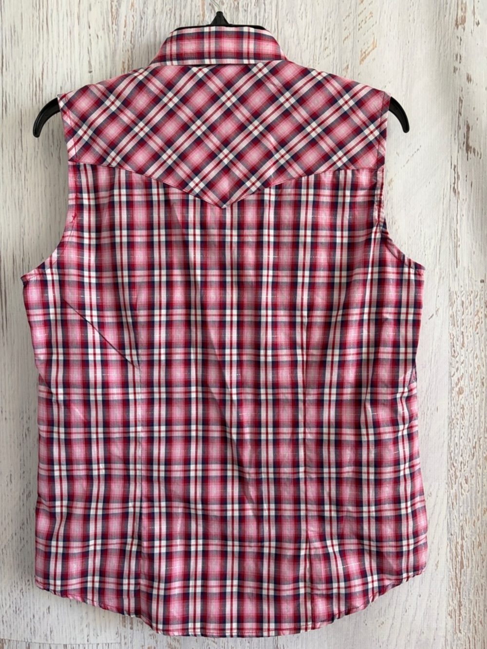 Cowgirl Legend Plaid Western Sleeveless Pearl Snap Shirt — Pink/Red/Navy - Picture 5 of 6